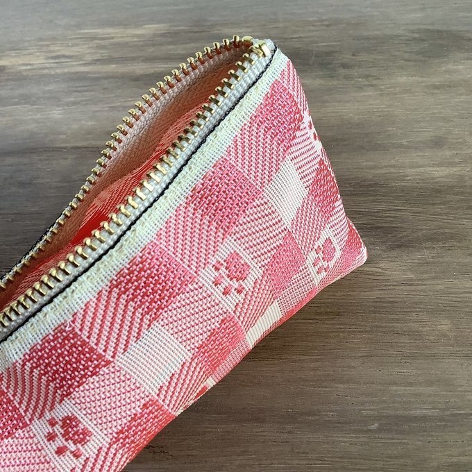 【肉球&ギンガム】畳縁 テトラ型 ペンケース 和風 ピーチピンク ベージュ 足あと 犬 猫