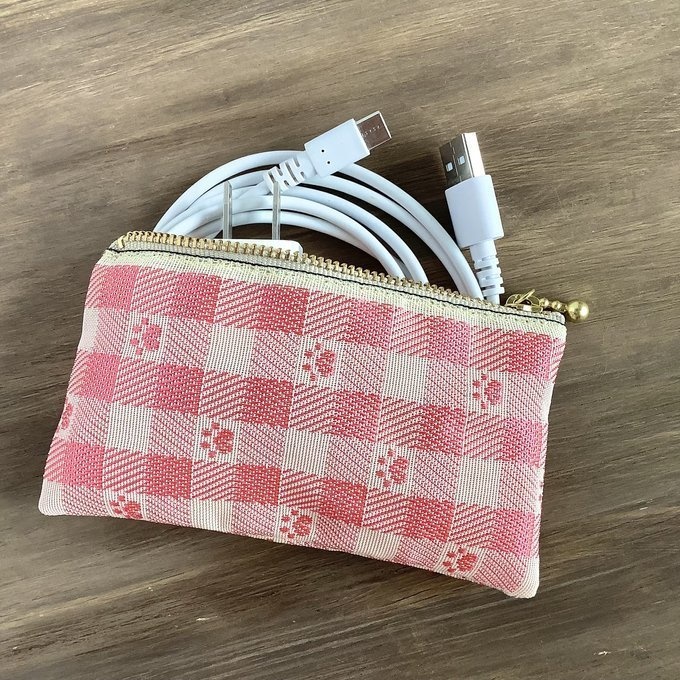 【肉球&ギンガム】畳縁 ぺたんこ 小銭入れ ミニポーチ カードケース ピーチピンク ベージュ 足あと 犬 猫