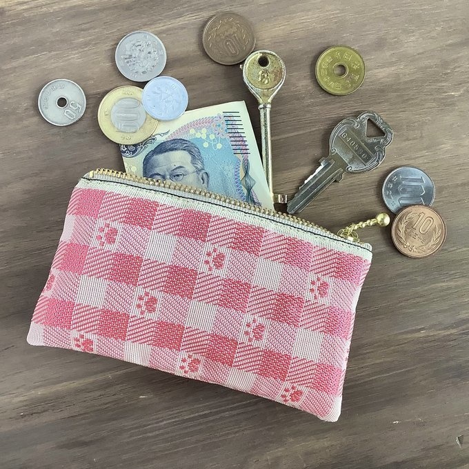 【肉球&ギンガム】畳縁 ぺたんこ 小銭入れ ミニポーチ カードケース ピーチピンク ベージュ 足あと 犬 猫