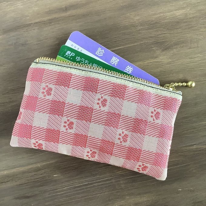 【肉球&ギンガム】畳縁 ぺたんこ 小銭入れ ミニポーチ カードケース ピーチピンク ベージュ 足あと 犬 猫
