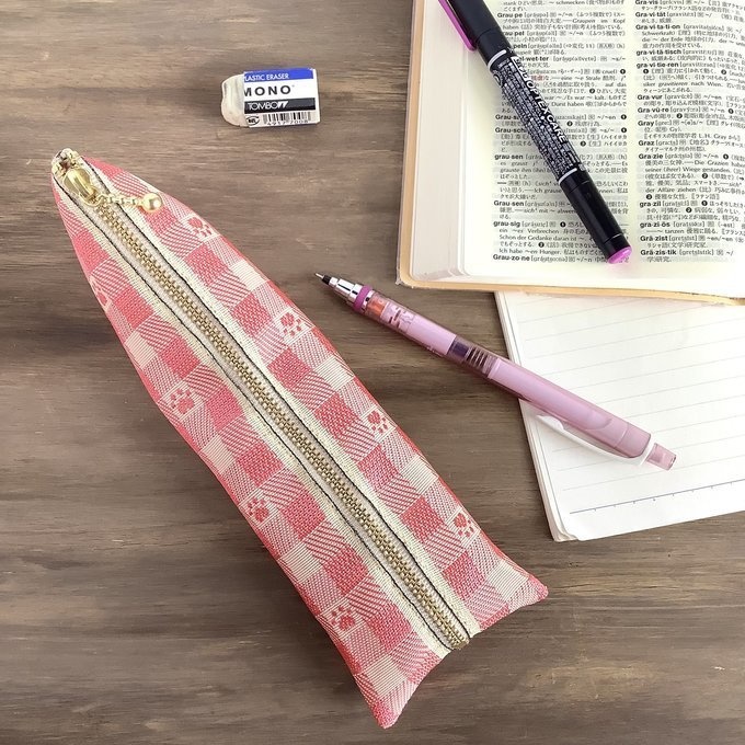 【肉球&ギンガム】畳縁 ぺたんこ 小銭入れ ミニポーチ カードケース ピーチピンク ベージュ 足あと 犬 猫