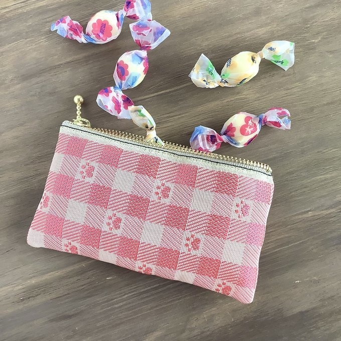 【肉球&ギンガム】畳縁 ぺたんこ 小銭入れ ミニポーチ カードケース ピーチピンク ベージュ 足あと 犬 猫