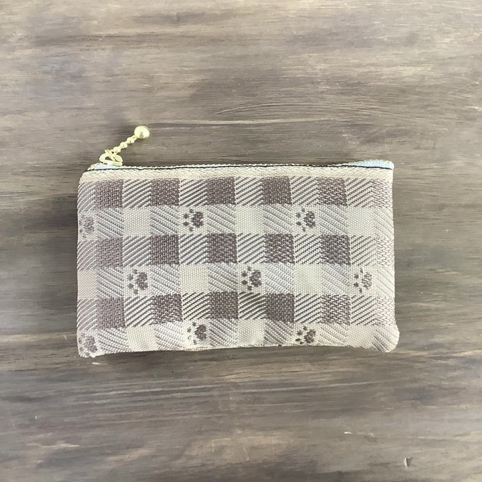 【肉球&ギンガム】畳縁 ぺたんこ 小銭入れ ミニポーチ カードケース 茶色 ベージュ 足あと 犬 猫