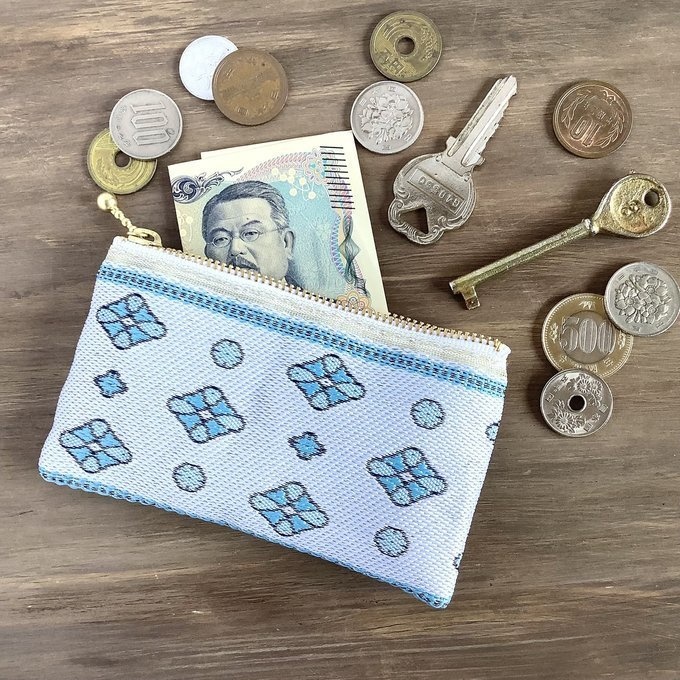 【プロバンス】畳縁 ぺたんこ ミニポーチ 小銭入れ カードケース 南仏 ターコイズ 白 青