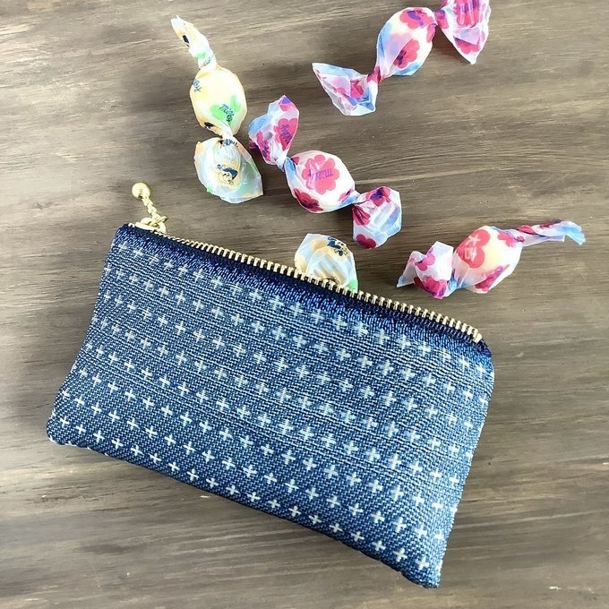 【十文字模様】畳縁 ぺたんこ 小銭入れ ミニポーチ カードケース 藍 青 北欧 クロス プラス柄