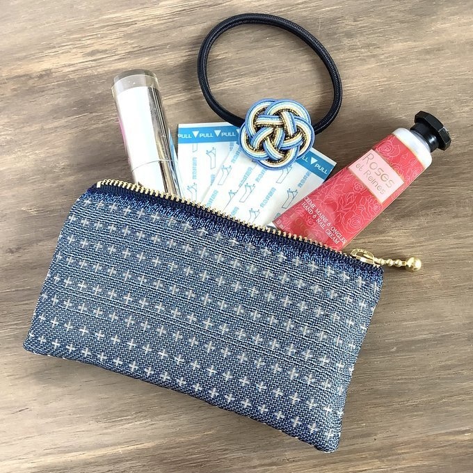 【十文字模様】畳縁 ぺたんこ 小銭入れ ミニポーチ カードケース 藍 青 北欧 クロス プラス柄