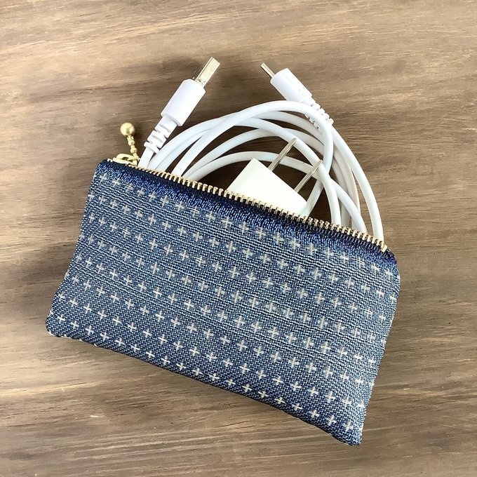 【十文字模様】畳縁 ぺたんこ 小銭入れ ミニポーチ カードケース 藍 青 北欧 クロス プラス柄