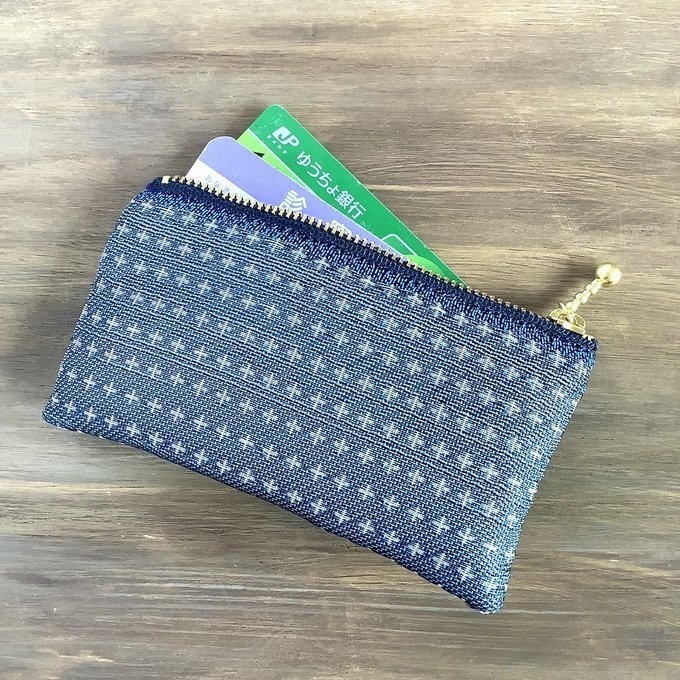 【十文字模様】畳縁 ぺたんこ 小銭入れ ミニポーチ カードケース 藍 青 北欧 クロス プラス柄