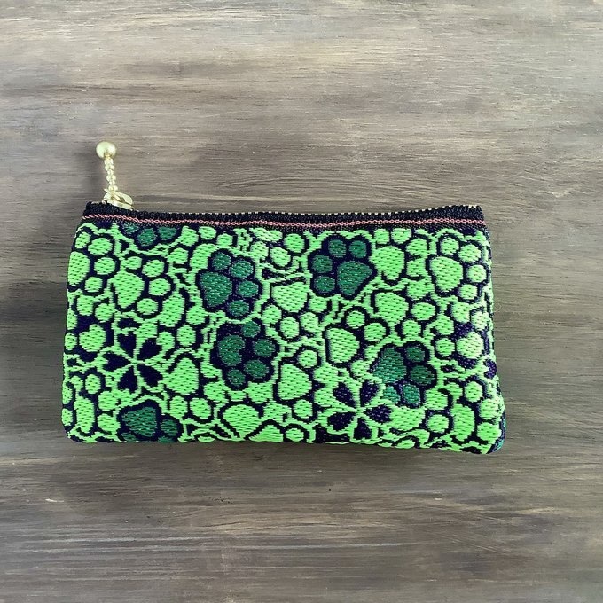 【肉球と桜】畳縁 ぺたんこ 小銭入れ ミニポーチ カードケース 和風 ネオングリーン 緑 蛍光 足あと 犬 猫