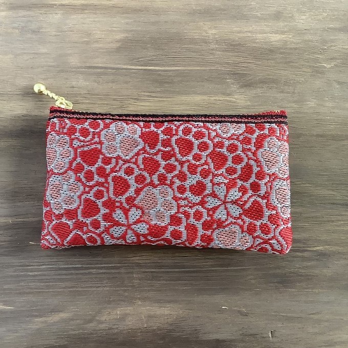 【肉球と桜】畳縁 ぺたんこ 小銭入れ ミニポーチ カードケース 和風 赤 銀 足あと 犬 猫