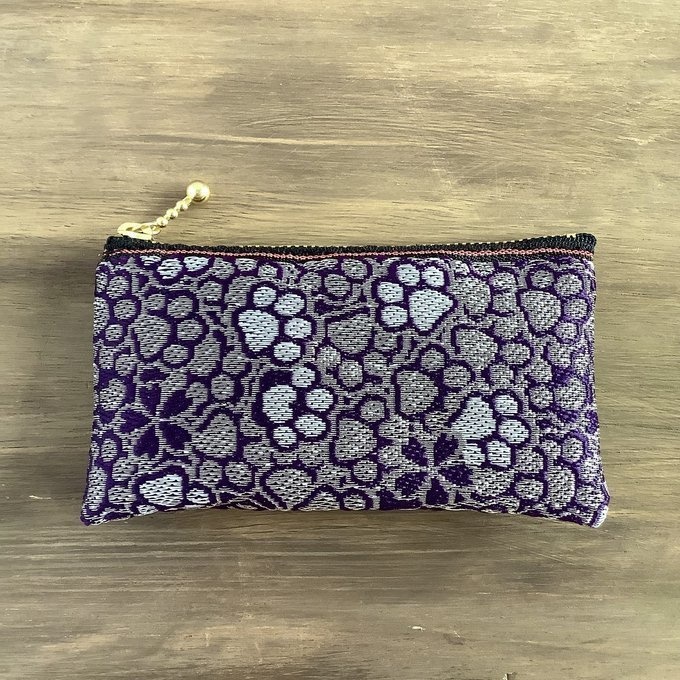 【肉球と桜】畳縁 ぺたんこ 小銭入れ ミニポーチ カードケース 和風 紫 銀 足あと 犬 猫