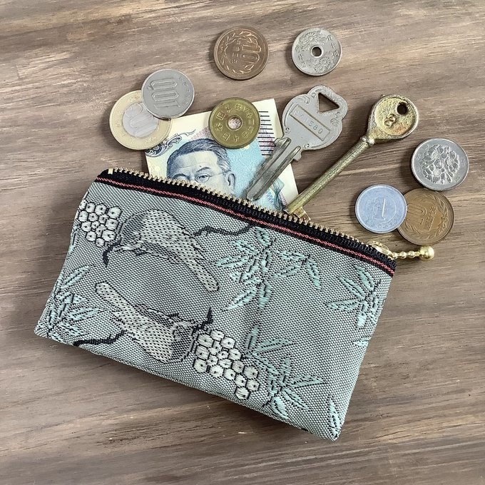 【比翼連理】畳縁 ぺたんこ ミニポーチ 小銭入れ カードケース 和風 緑青 鳥 木の実 夫婦円満