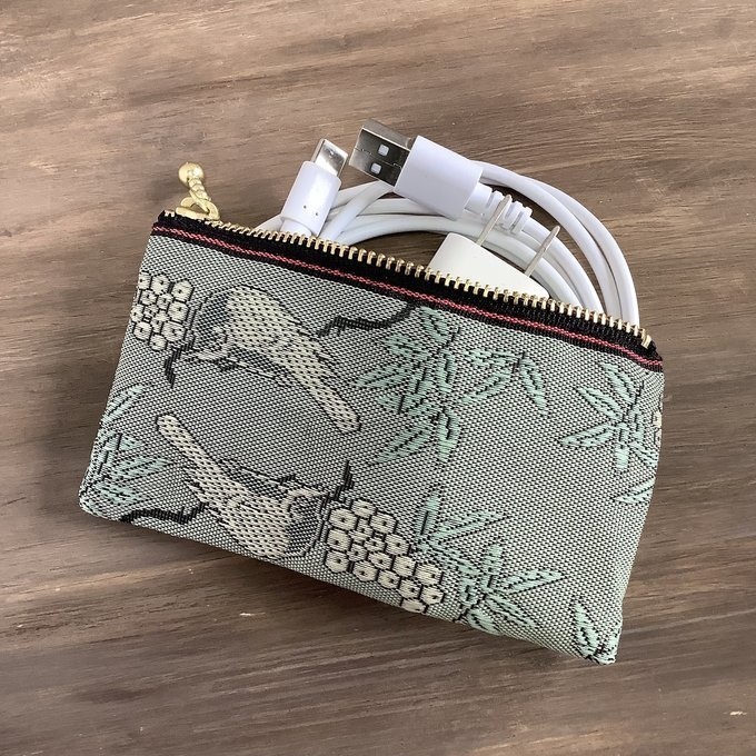 【比翼連理】畳縁 ぺたんこ ミニポーチ 小銭入れ カードケース 和風 緑青 鳥 木の実 夫婦円満