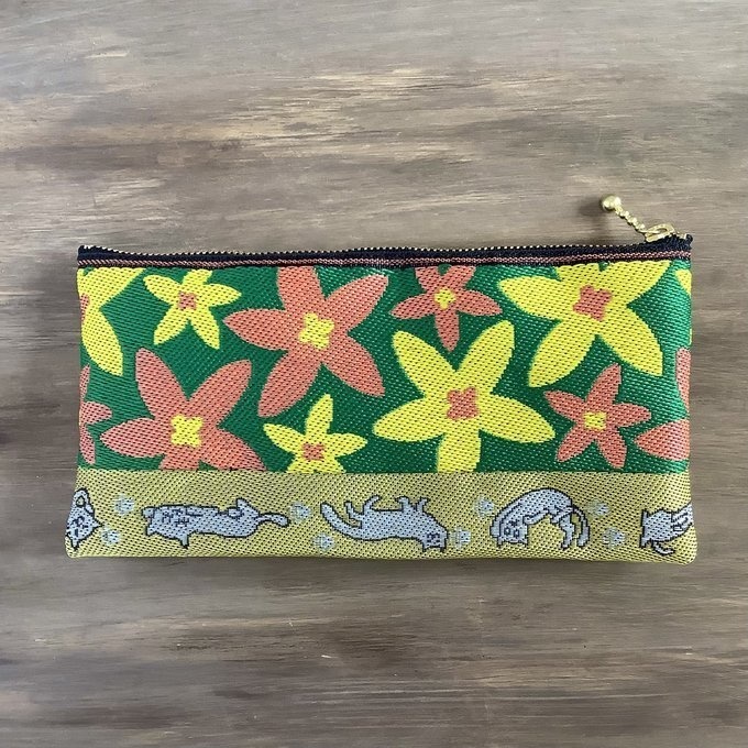 【花柄&にゃんこ】畳縁 幅広 ペンケース ポーチ マスクケース カラフル レトロ スターフラワー 猫