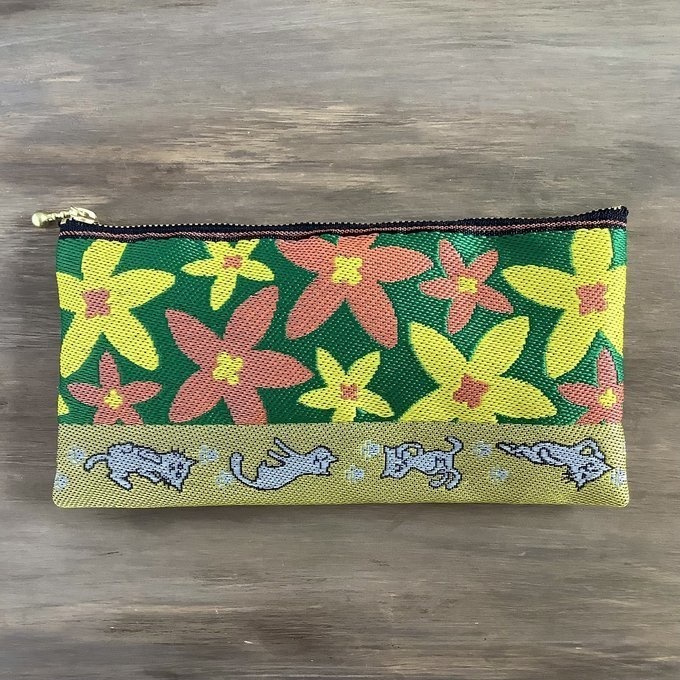 【花柄&にゃんこ】畳縁 幅広 ペンケース ポーチ マスクケース カラフル レトロ スターフラワー 猫