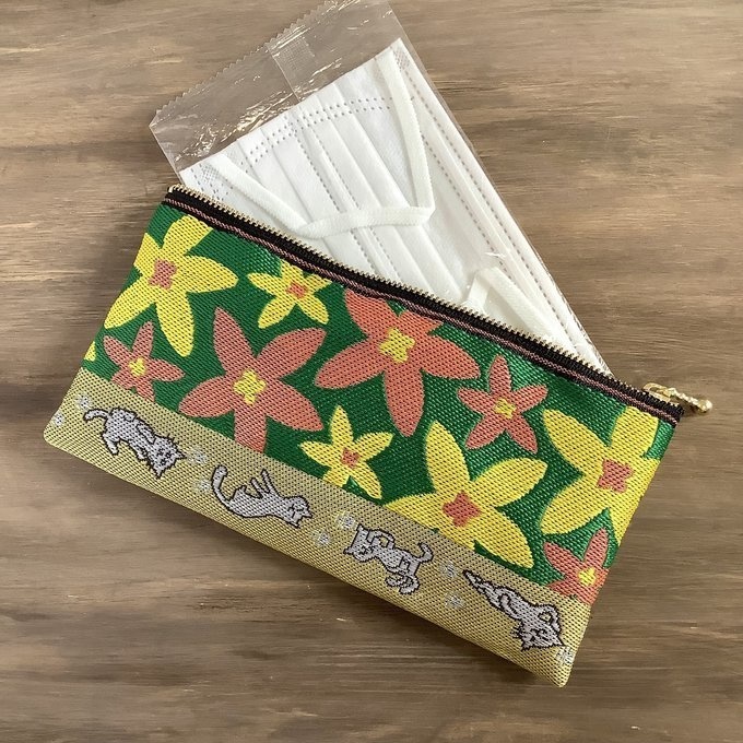 【花柄&にゃんこ】畳縁 幅広 ペンケース ポーチ マスクケース カラフル レトロ スターフラワー 猫