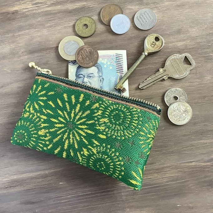 【花火】畳縁 ぺたんこ ミニポーチ 小銭入れ カードケース グリーン 夏 お祭り