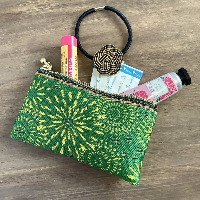 【花火】畳縁 ぺたんこ ミニポーチ 小銭入れ カードケース グリーン 夏 お祭り