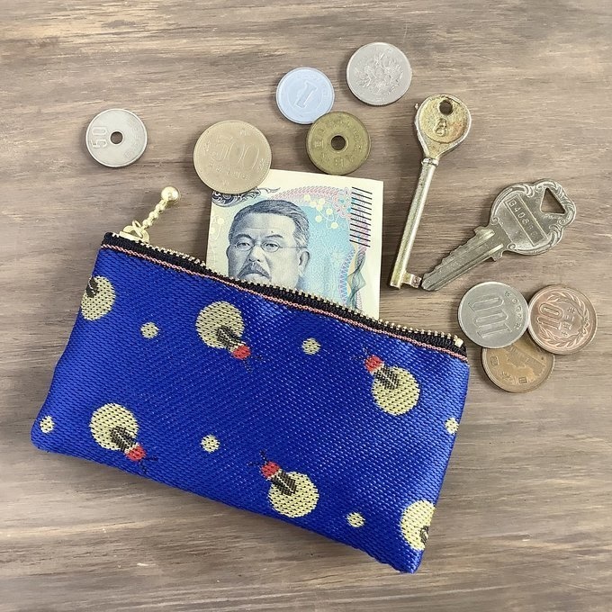 【蛍】畳縁 ぺたんこ ミニポーチ 小銭入れ カードケース 紺 夏 昆虫 夜