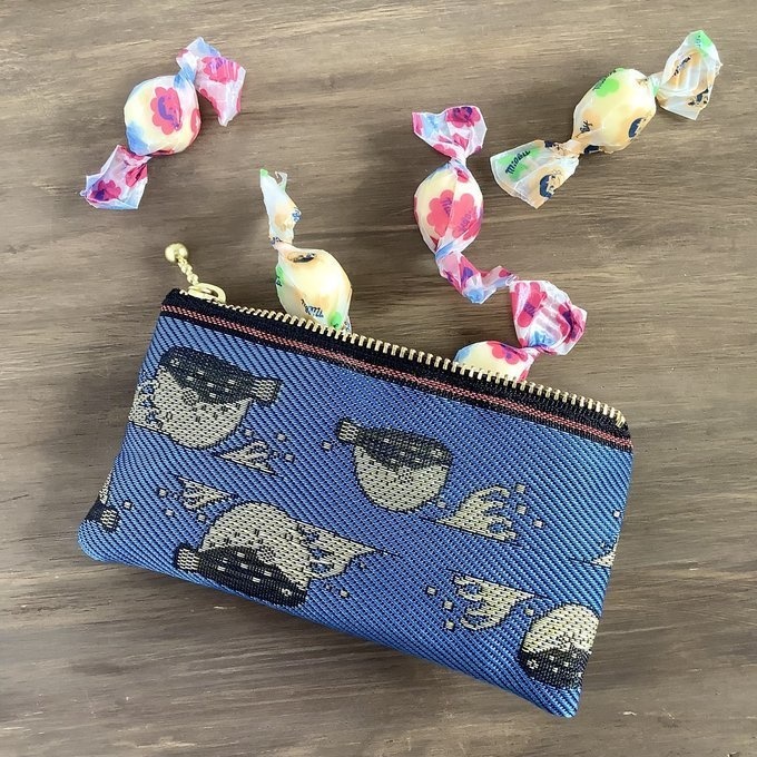 【ふぐ】畳縁 ぺたんこ ミニポーチ 小銭入れ カードケース 青 ふく フグ 魚 海