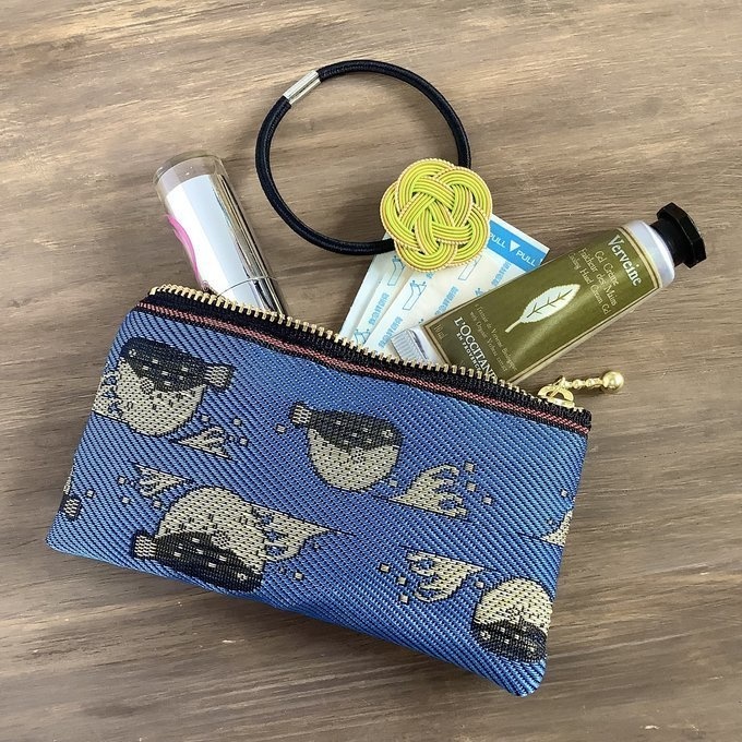 【ふぐ】畳縁 ぺたんこ ミニポーチ 小銭入れ カードケース 青 ふく フグ 魚 海