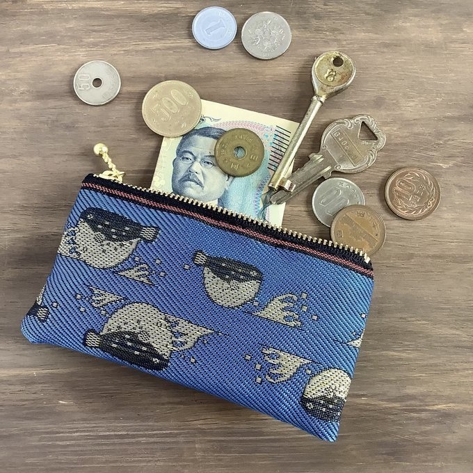 【ふぐ】畳縁 ぺたんこ ミニポーチ 小銭入れ カードケース 青 ふく フグ 魚 海