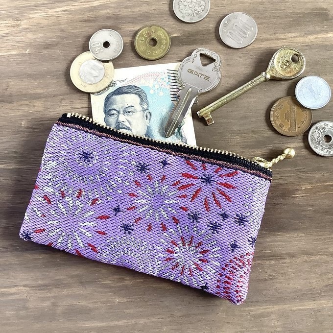 【花火】畳縁 ぺたんこ ミニポーチ 小銭入れ カードケース 紫 夏 お祭り