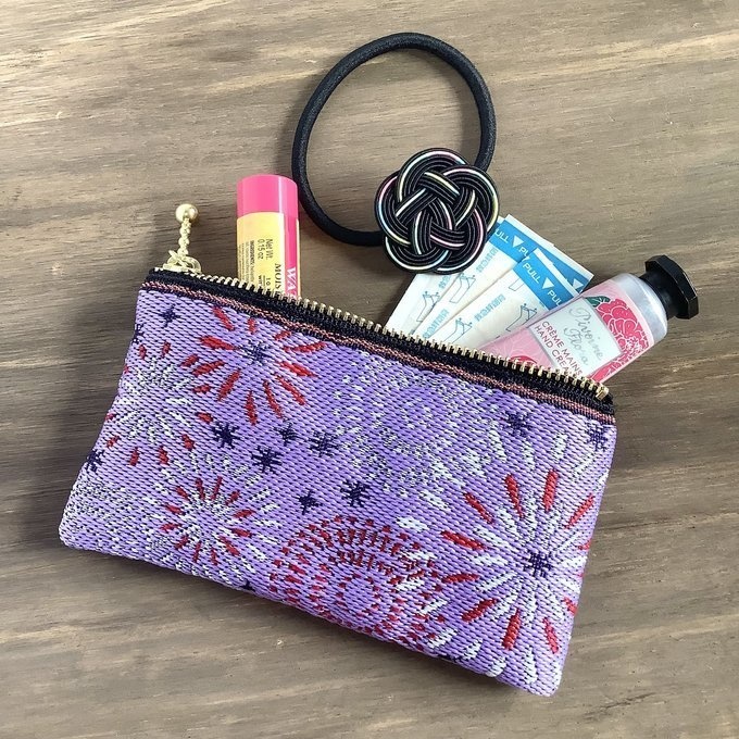 【花火】畳縁 ぺたんこ ミニポーチ 小銭入れ カードケース 紫 夏 お祭り