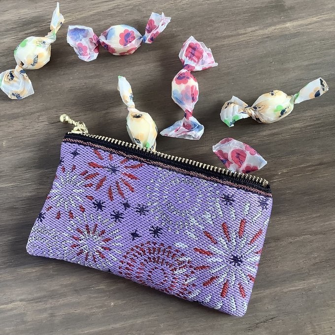 【花火】畳縁 ぺたんこ ミニポーチ 小銭入れ カードケース 紫 夏 お祭り