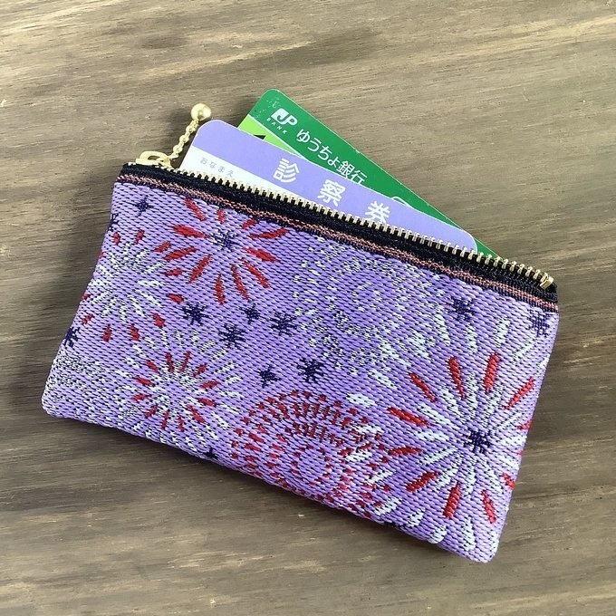 【花火】畳縁 ぺたんこ ミニポーチ 小銭入れ カードケース 紫 夏 お祭り