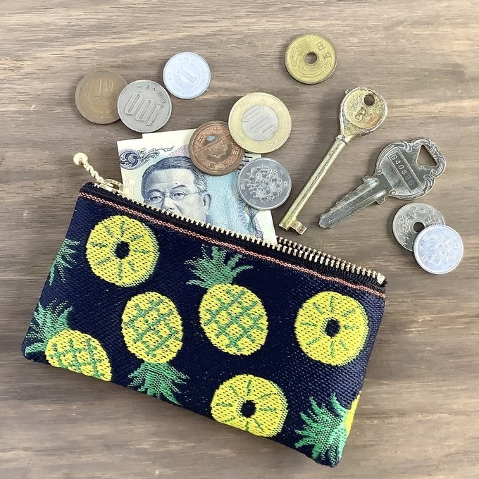 【パイン】畳縁 ぺたんこ ミニポーチ 小銭入れ カードケース 紺 夏 トロピカル