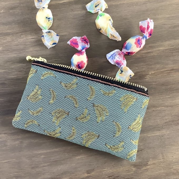 【バナナ】畳縁 ぺたんこ ミニポーチ 小銭入れ カードケース ミントカラー 金色 フルーツ