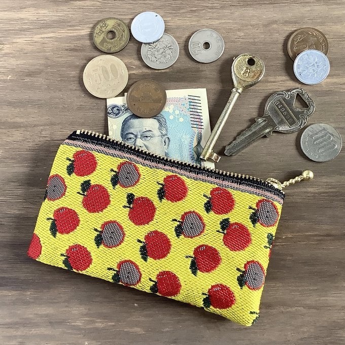 【りんご】畳縁 ぺたんこ ミニポーチ 小銭入れ カードケース 黄色 レトロポップ