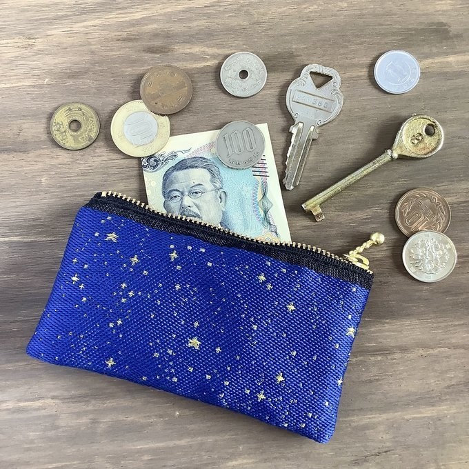 【星降る夜 金星】畳縁 ぺたんこ ミニポーチ 小銭入れ カードケース 星 スター 宇宙 空 紺 金