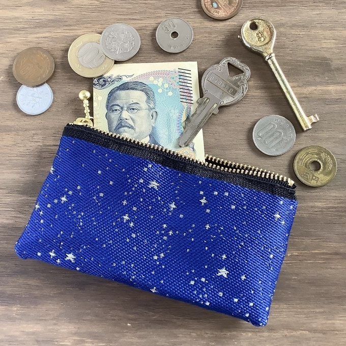 【星降る夜 銀星】畳縁 ぺたんこ ミニポーチ 小銭入れ カードケース 星 スター 宇宙 空 紺 銀