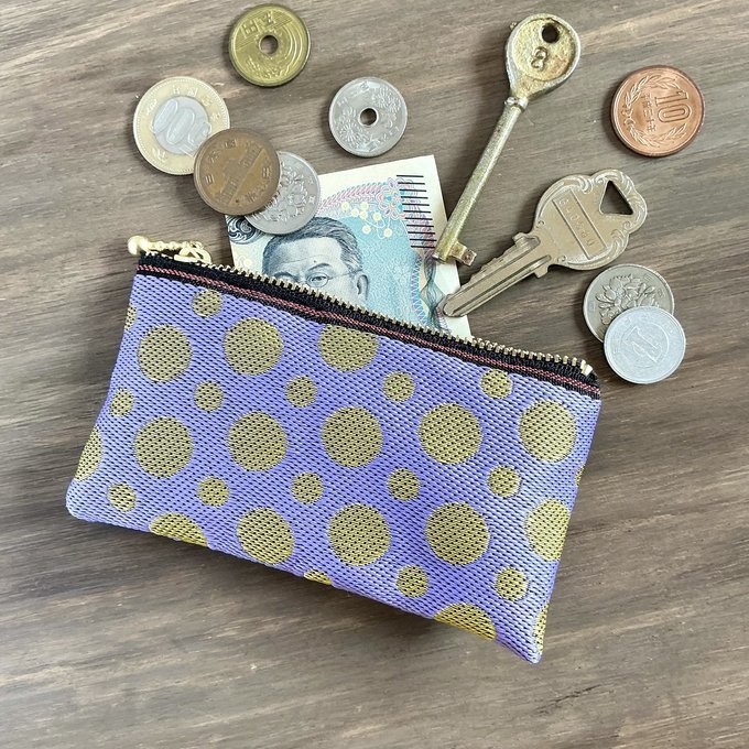 【ラベンダー ゴールド】畳縁 ぺたんこ ミニポーチ 小銭入れ カードケース ドット 水玉 紫 金