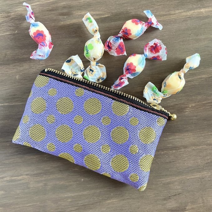 【ラベンダー ゴールド】畳縁 ぺたんこ ミニポーチ 小銭入れ カードケース ドット 水玉 紫 金