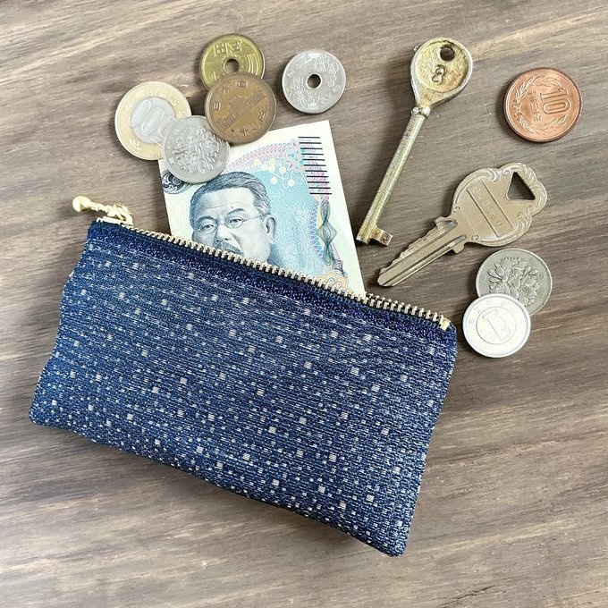 【玉霰】畳縁 ぺたんこ ミニポーチ 小銭入れ カードケース 藍色 雪 あられ