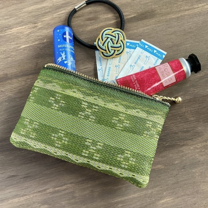 【ミンサー柄】畳縁 ぺたんこ ミニポーチ 小銭入れ カードケース 抹茶色 緑 沖縄 ちゅらべり 縁起物