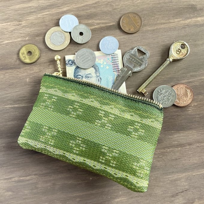 【ミンサー柄】畳縁 ぺたんこ ミニポーチ 小銭入れ カードケース 抹茶色 緑 沖縄 ちゅらべり 縁起物