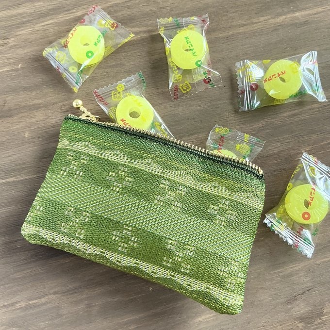 【ミンサー柄】畳縁 ぺたんこ ミニポーチ 小銭入れ カードケース 抹茶色 緑 沖縄 ちゅらべり 縁起物