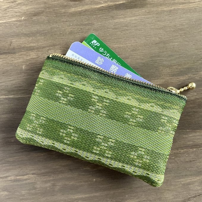 【ミンサー柄】畳縁 ぺたんこ ミニポーチ 小銭入れ カードケース 抹茶色 緑 沖縄 ちゅらべり 縁起物