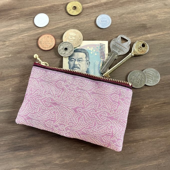 【エスニック】畳縁 ぺたんこ ミニポーチ カードケース 小銭入れ オリエンタル ピンク バラ色