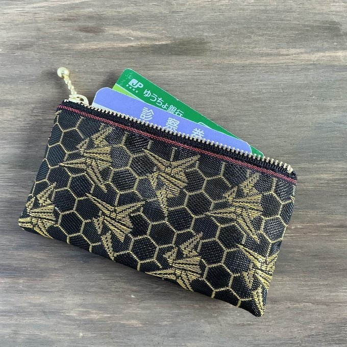 【折り鶴】畳縁 ミニポーチ カードケース 小銭入れ 数珠入れ 黒 金 亀甲 鶴 和風 千羽鶴 平和