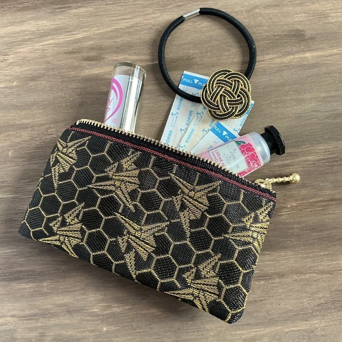 【折り鶴】畳縁 ミニポーチ カードケース 小銭入れ 数珠入れ 黒 金 亀甲 鶴 和風 千羽鶴 平和