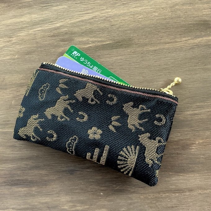 【おめでた柄】畳縁 ぺたんこ ミニポーチ カードケース 小銭入れ 数珠入れ 馬 アハルテケ 黒 金 縁起物 エ霞 松竹梅