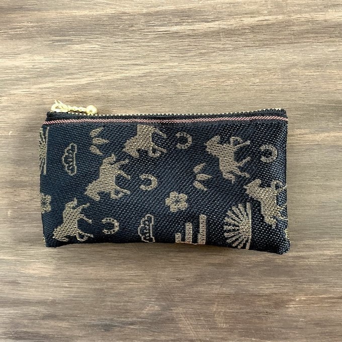 【おめでた柄】畳縁 ぺたんこ ミニポーチ カードケース 小銭入れ 数珠入れ 馬 アハルテケ 黒 金 縁起物 エ霞 松竹梅