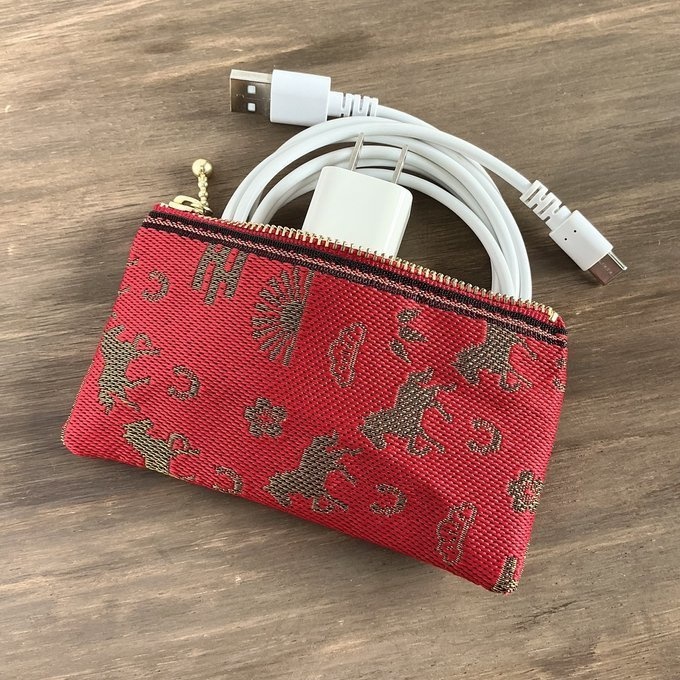 【おめでた柄】畳縁 ぺたんこ ミニポーチ カードケース 小銭入れ 数珠入れ 馬 アハルテケ 赤 金 縁起物 エ霞 松竹梅