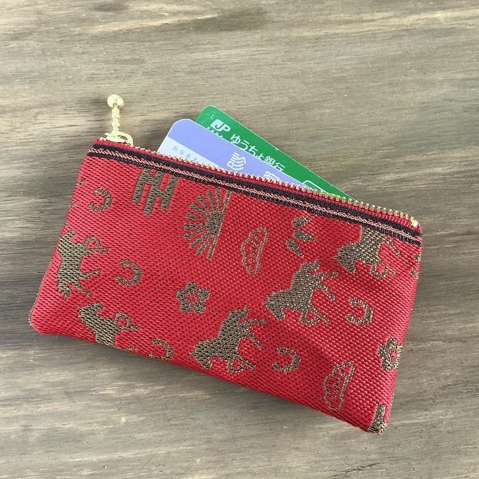 【おめでた柄】畳縁 ぺたんこ ミニポーチ カードケース 小銭入れ 数珠入れ 馬 アハルテケ 赤 金 縁起物 エ霞 松竹梅