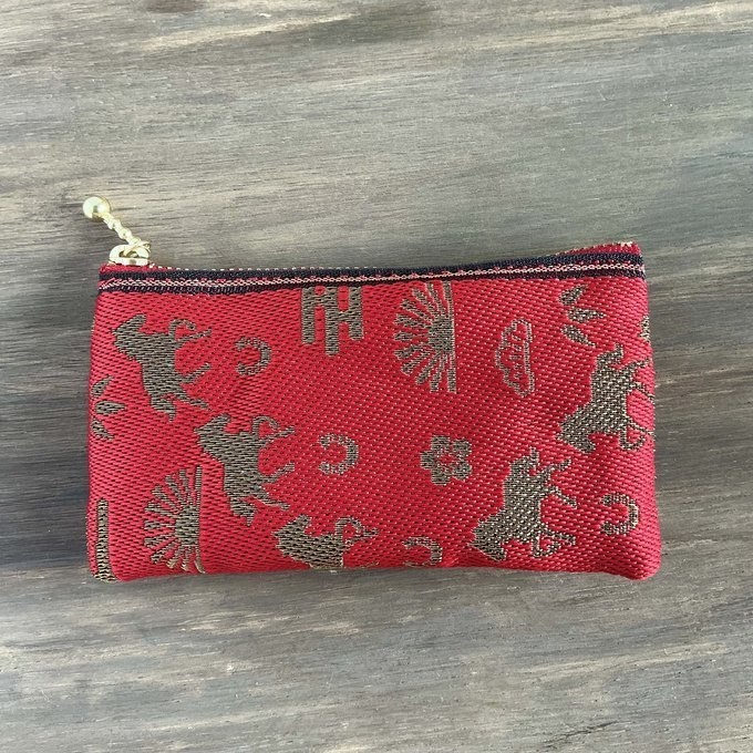 【おめでた柄】畳縁 ぺたんこ ミニポーチ カードケース 小銭入れ 数珠入れ 馬 アハルテケ 赤 金 縁起物 エ霞 松竹梅